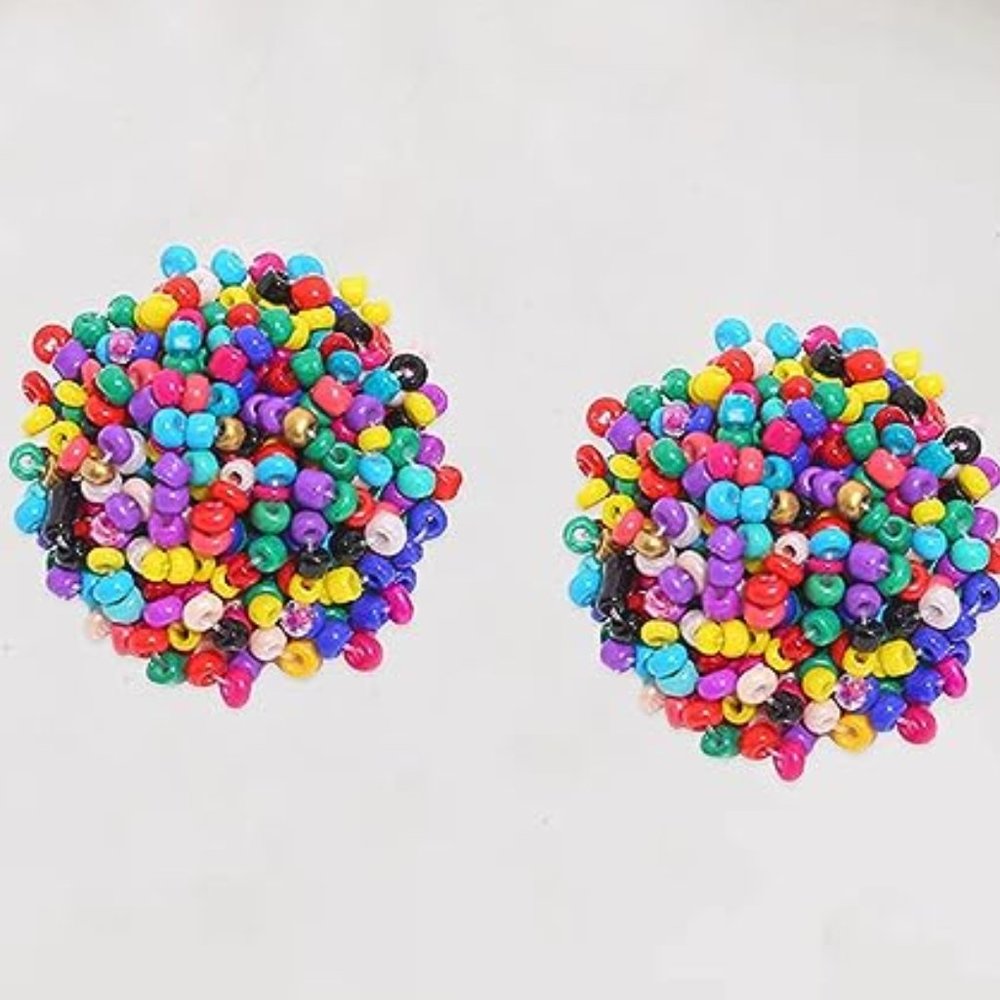 Multicolored Pom Pom Big Beaded Puff Post Earrings Round Seed Bead Bohemian New